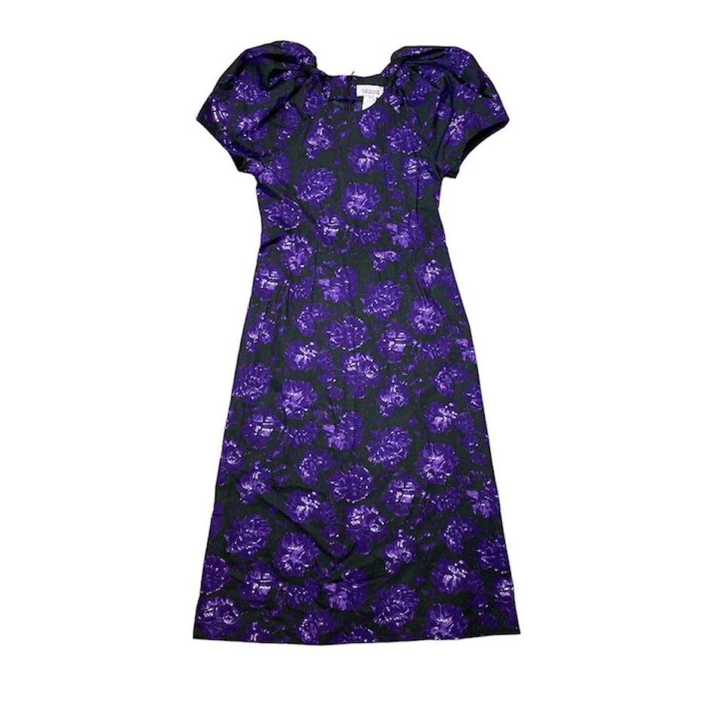 Purple Floral Puff-Sleeve Midi Dress